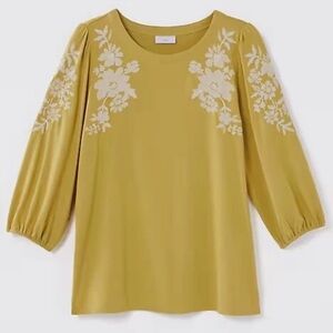 J. Jill Size Large Mustard Yellow Embroidered 3/4 Sleeve Top Blouse